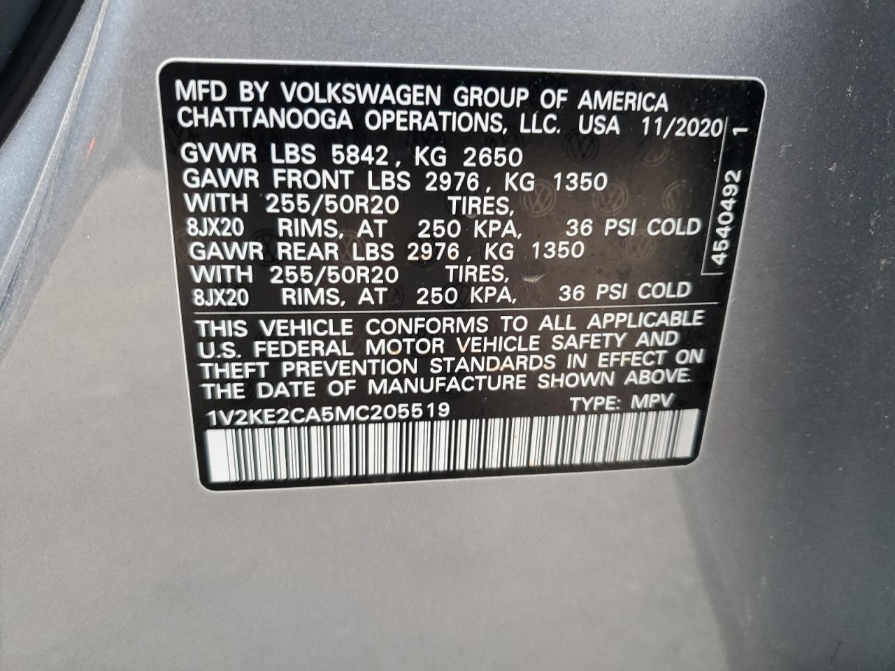 2021 Volkswagen Atlas Cross Sport Se VIN: 1V2KE2CA5MC205519 Lot: 54541355