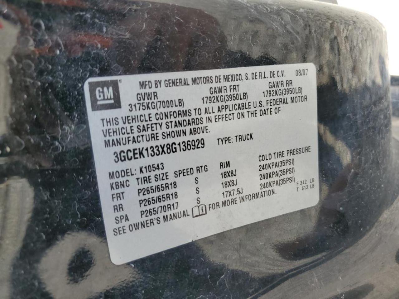2008 Chevrolet Silverado K1500 VIN: 3GCEK133X8G136929 Lot: 52629485