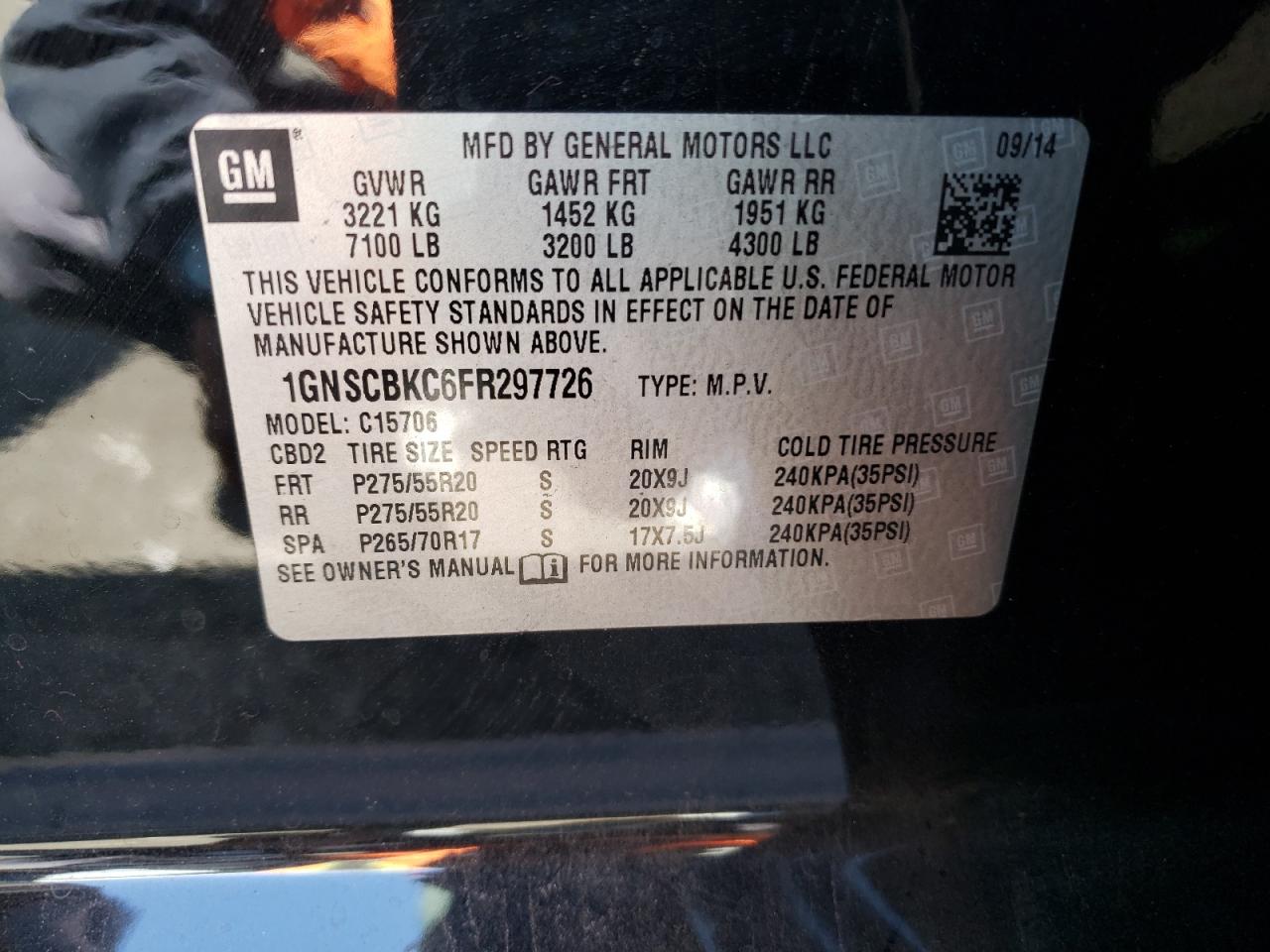 2015 Chevrolet Tahoe C1500 Lt VIN: 1GNSCBKC6FR297726 Lot: 54988405