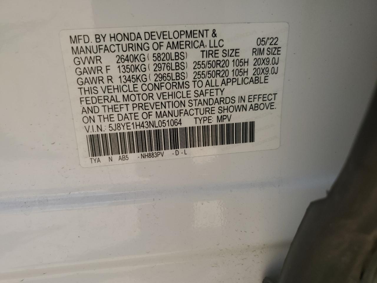 2022 Acura Mdx Technology VIN: 5J8YE1H43NL051064 Lot: 54747585