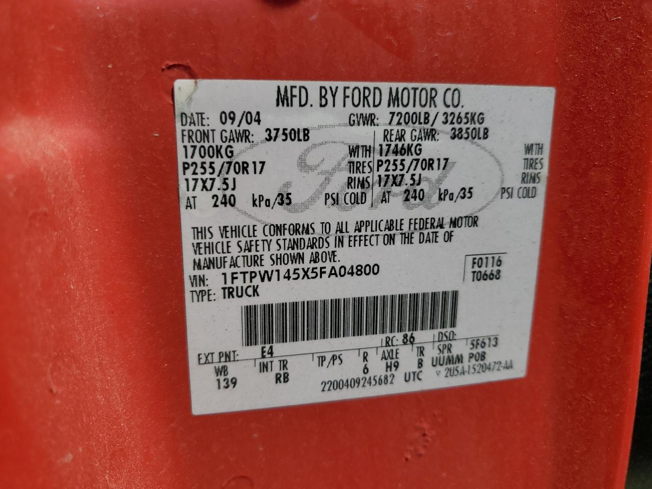 2005 Ford F150 Supercrew VIN: 1FTPW145X5FA04800 Lot: 54336335