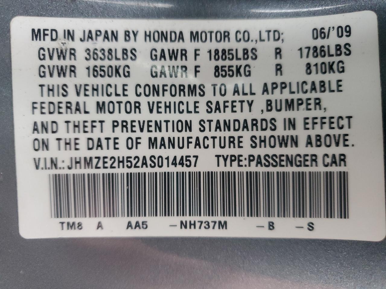 2010 Honda Insight Lx VIN: JHMZE2H52AS014457 Lot: 51705475