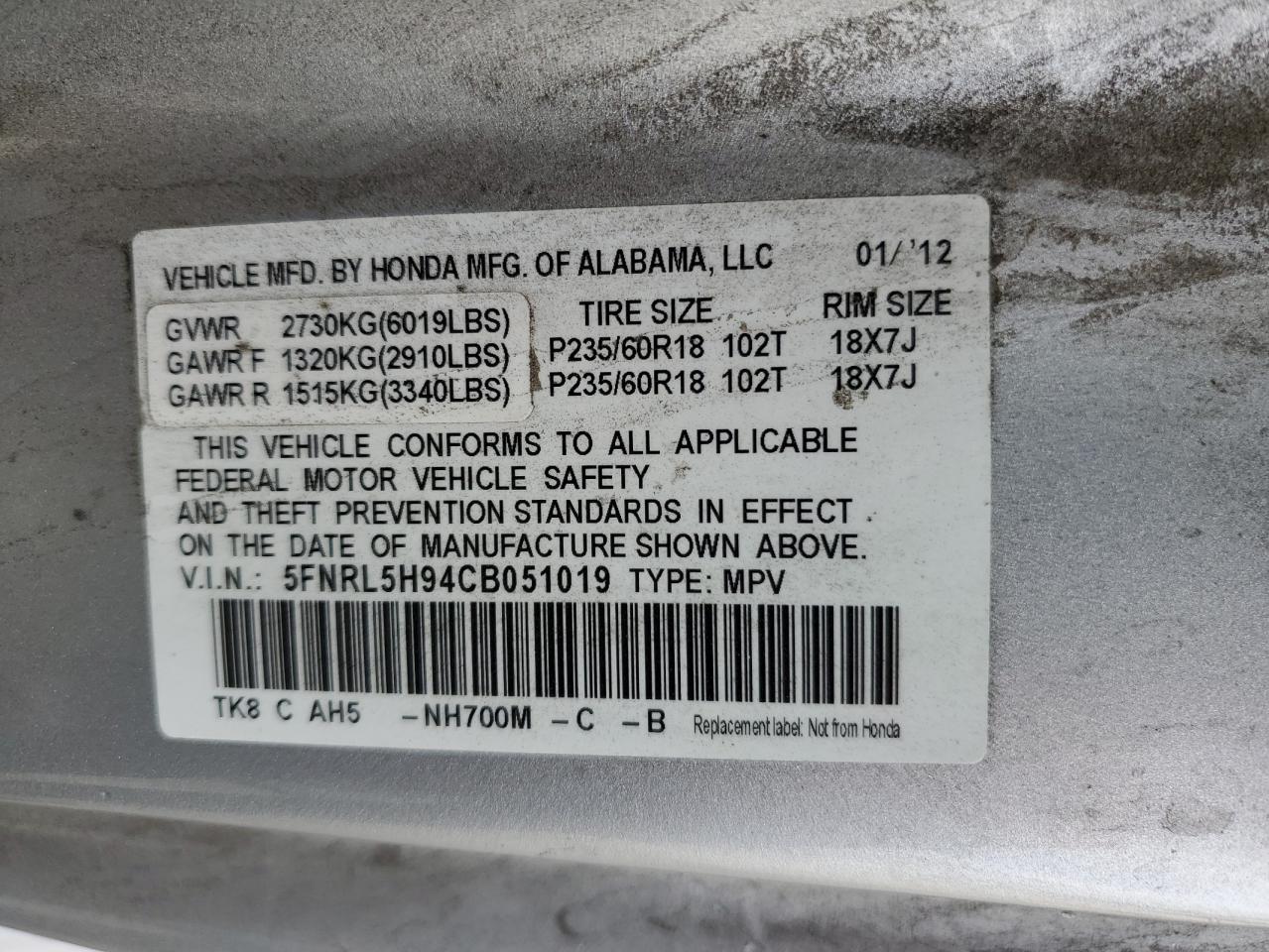 2012 Honda Odyssey Touring VIN: 5FNRL5H94CB051019 Lot: 54754645