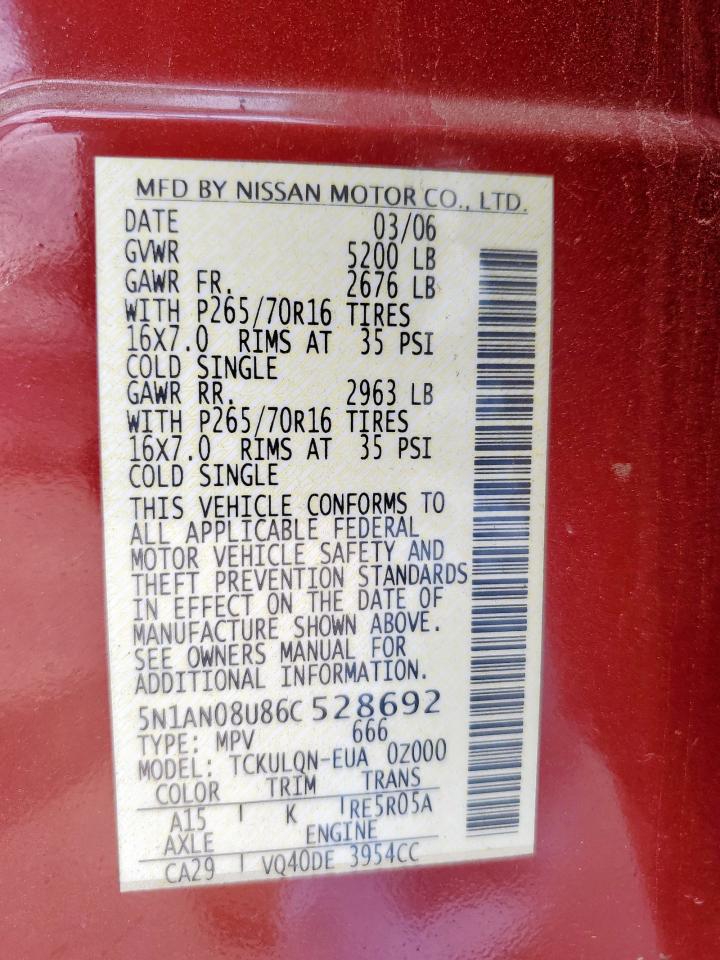 2006 Nissan Xterra Off Road VIN: 5N1AN08U86C528692 Lot: 54442215