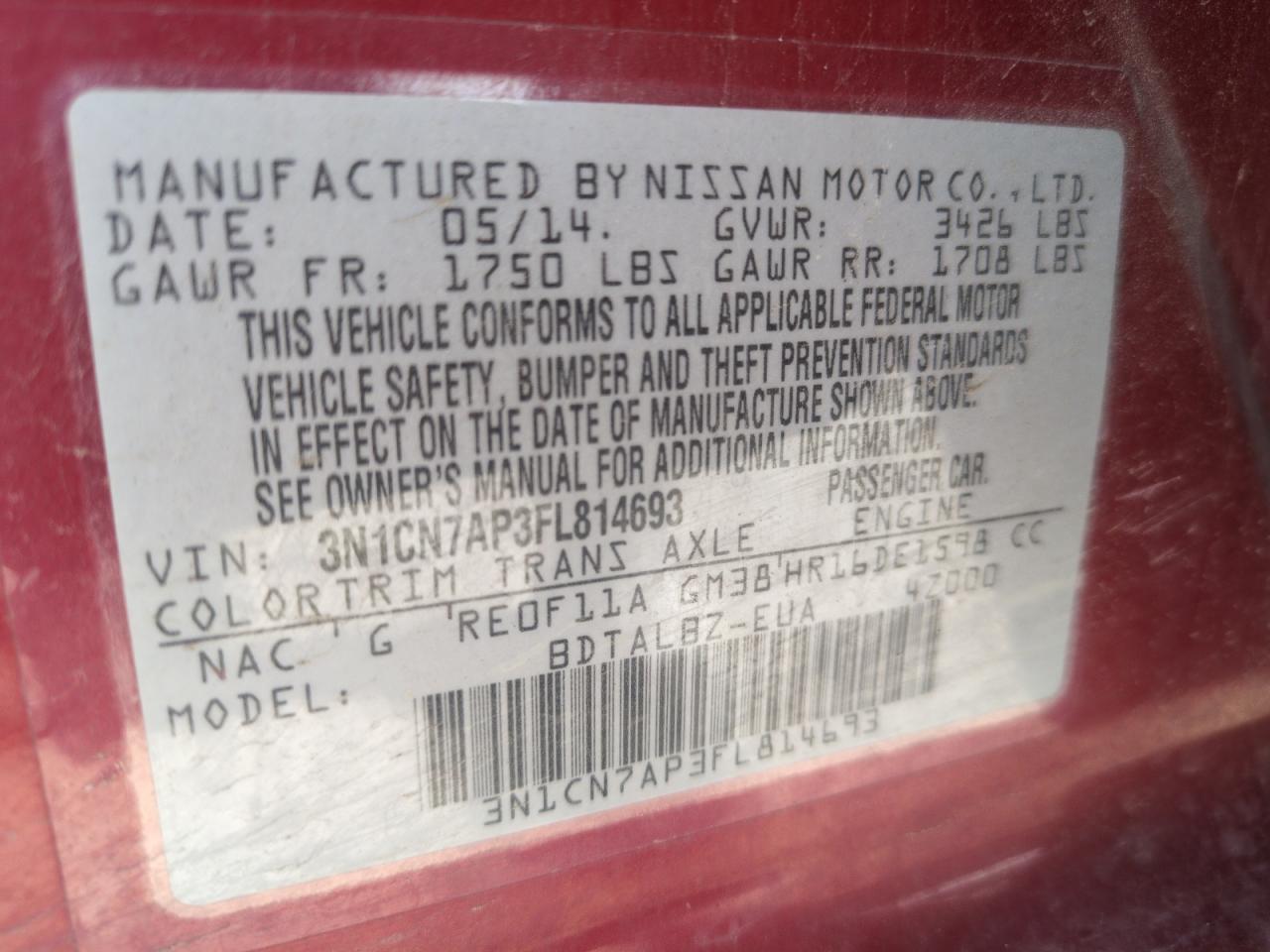 2015 Nissan Versa S VIN: 3N1CN7AP3FL814693 Lot: 53104985