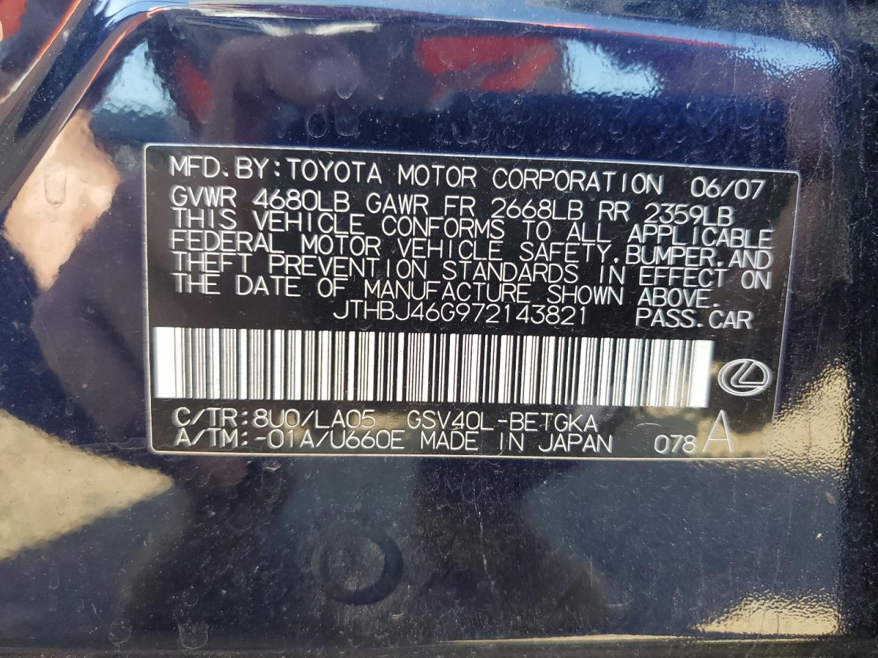 2007 Lexus Es 350 VIN: JTHBJ46G972143821 Lot: 52682895
