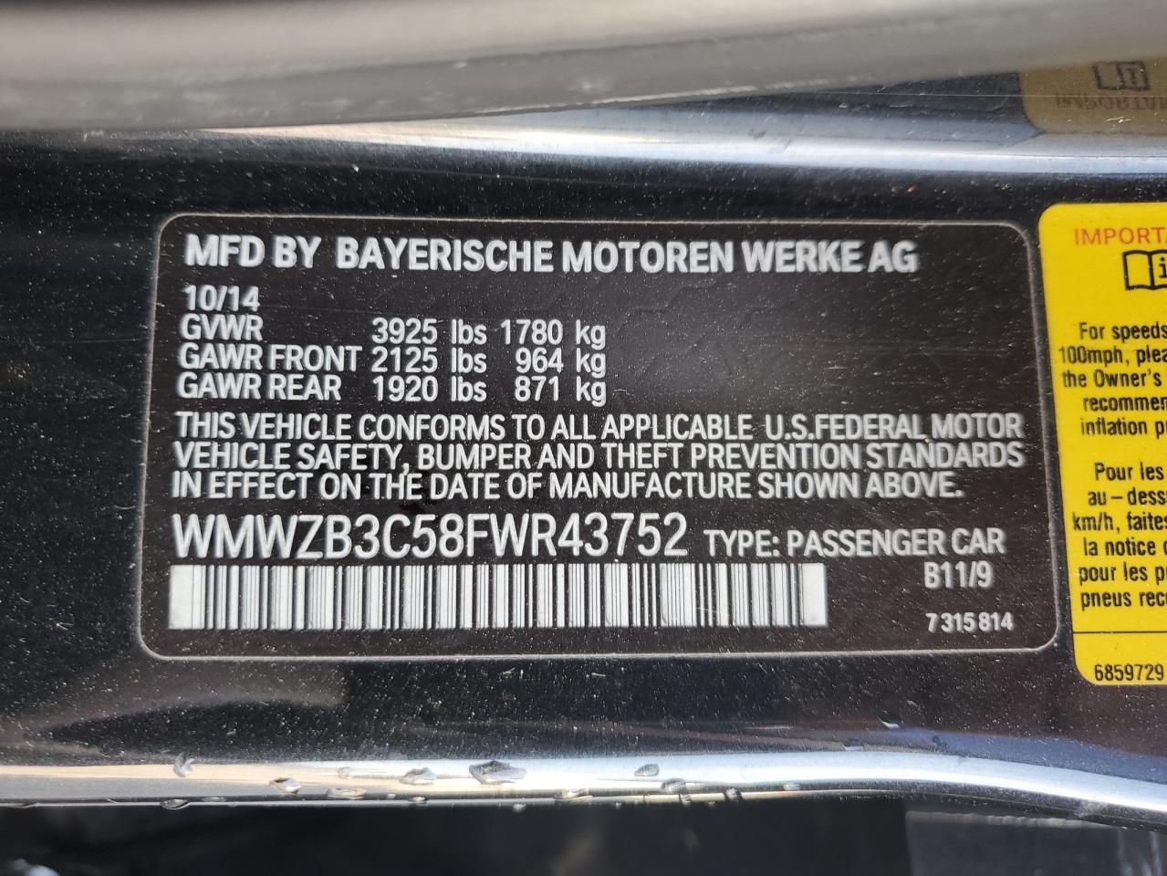 2015 Mini Cooper Countryman VIN: WMWZB3C58FWR43752 Lot: 53429185