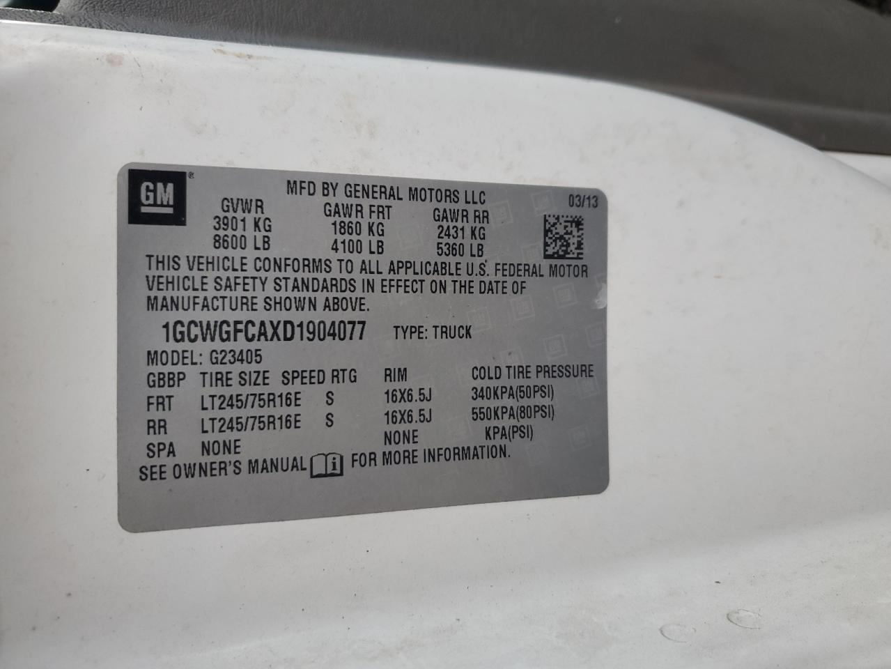 2013 Chevrolet Express G2500 VIN: 1GCWGFCAXD1904077 Lot: 54370865