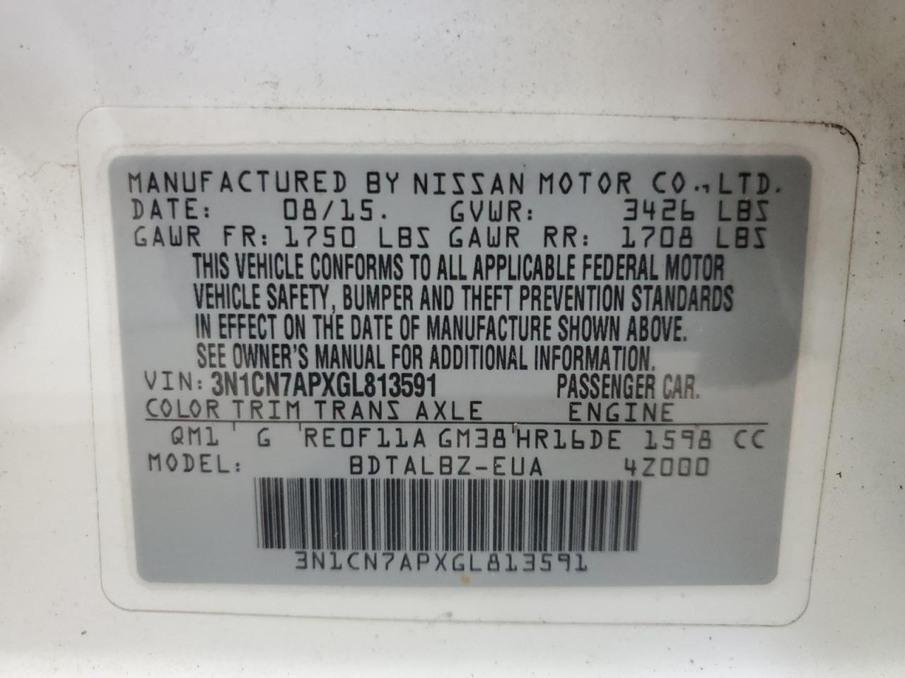 3n1cn7apxgl813591 3N1CN7APXGL813591 2016 Nissan Versa S