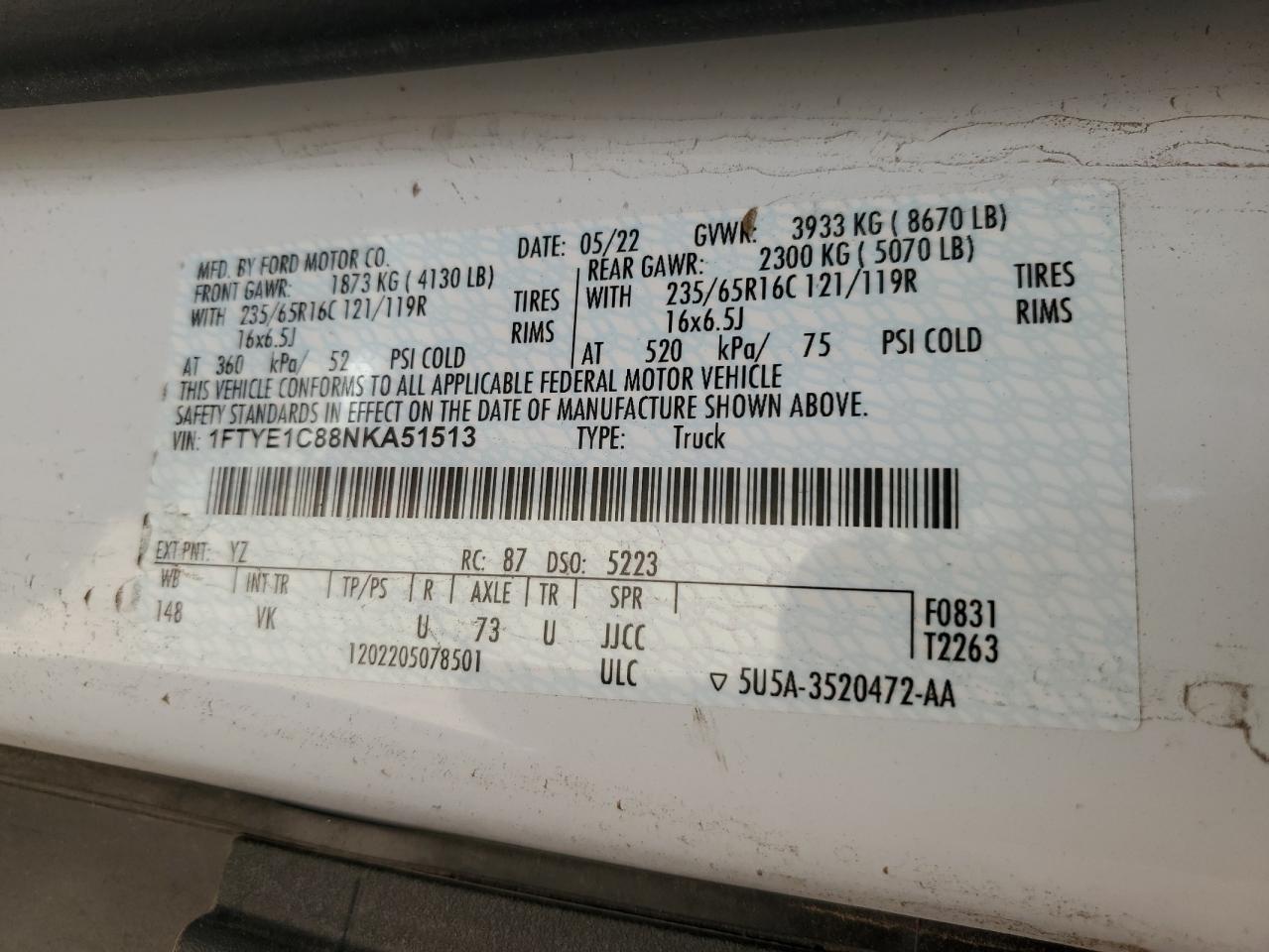 2022 Ford Transit T-150 VIN: 1FTYE1C88NKA51513 Lot: 53499715