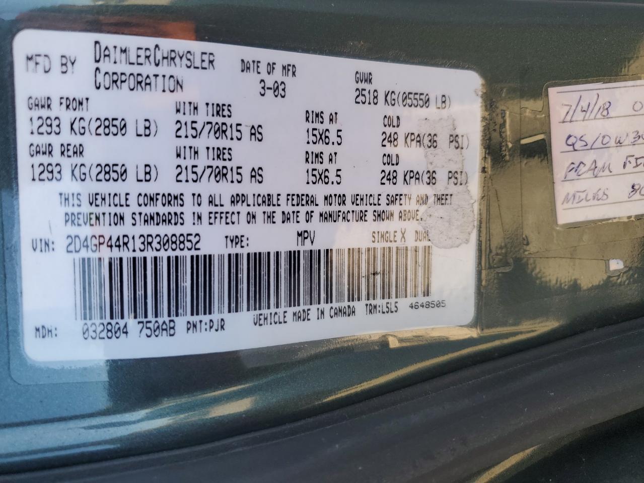 2003 Dodge Grand Caravan Sport VIN: 2D4GP44R13R308852 Lot: 53933385