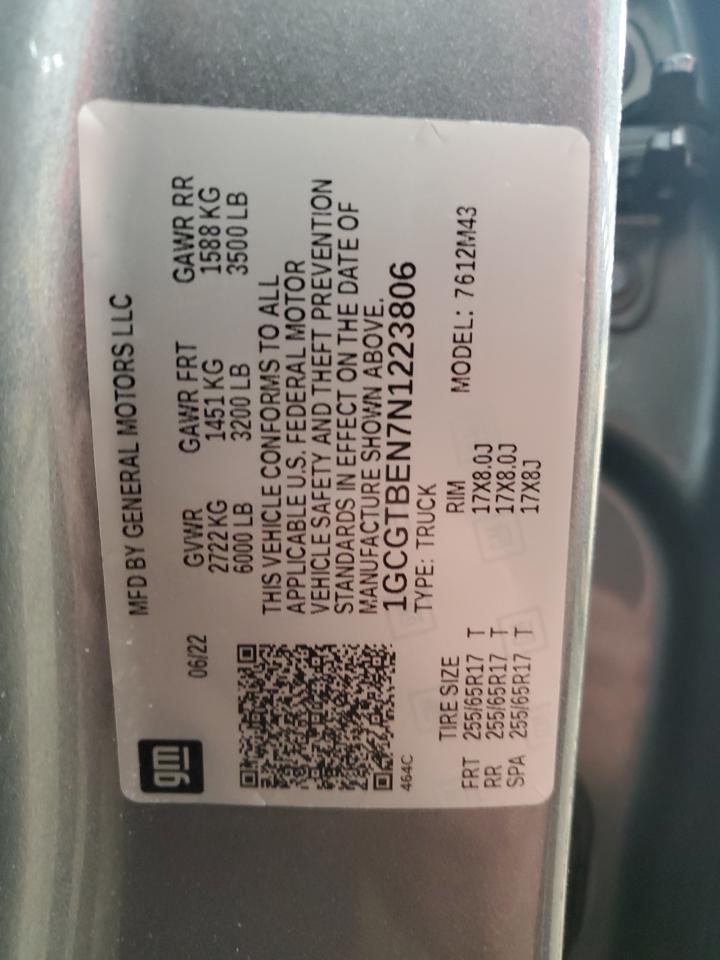 2022 Chevrolet Colorado VIN: 1GCGTBEN7N1223806 Lot: 52753535