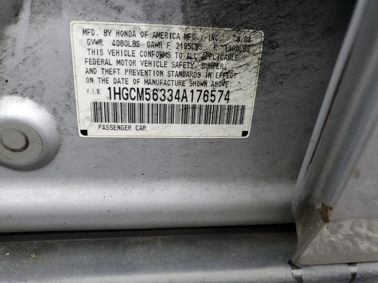 2004 Honda Accord Lx VIN: 1HGCM56334A176574 Lot: 51586345