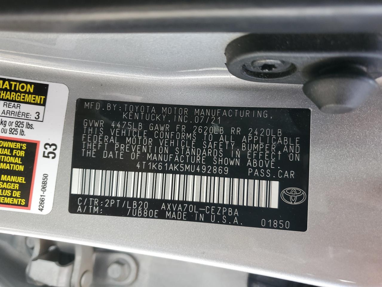 2021 Toyota Camry Xse VIN: 4T1K61AK5MU492869 Lot: 54295005