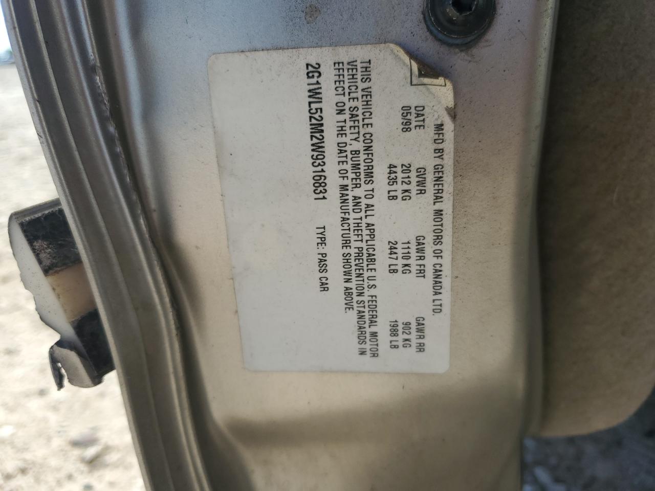 1998 Chevrolet Lumina Base VIN: 2G1WL52M2W9316831 Lot: 52952065