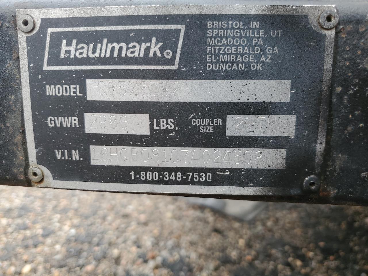 2007 Haulmark Cb5X8Ds2 Enclosed Cargo Trailer VIN: 16HGB08107A024508 Lot: 51508965