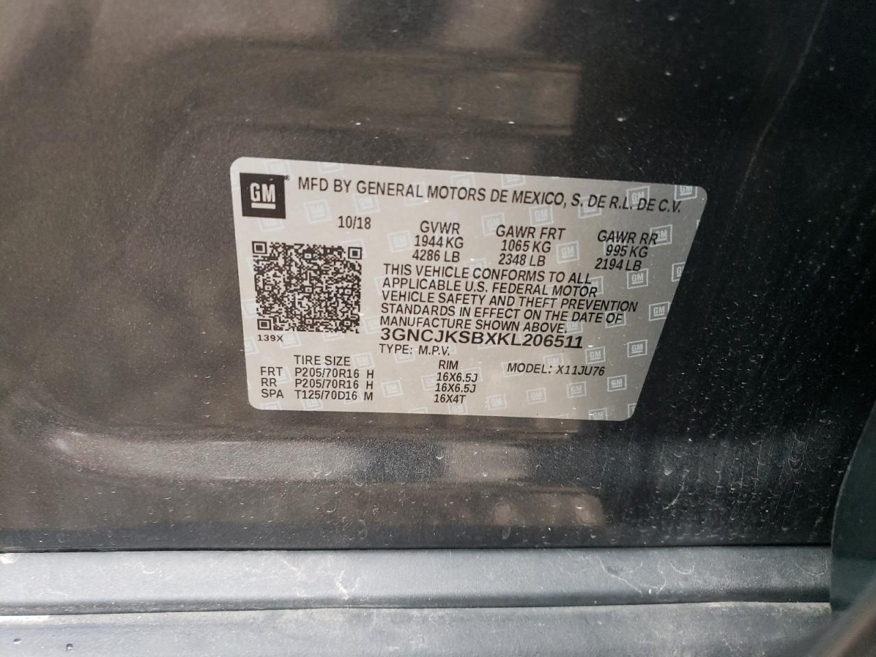 2019 Chevrolet Trax Ls VIN: 3GNCJKSBXKL206511 Lot: 55062235