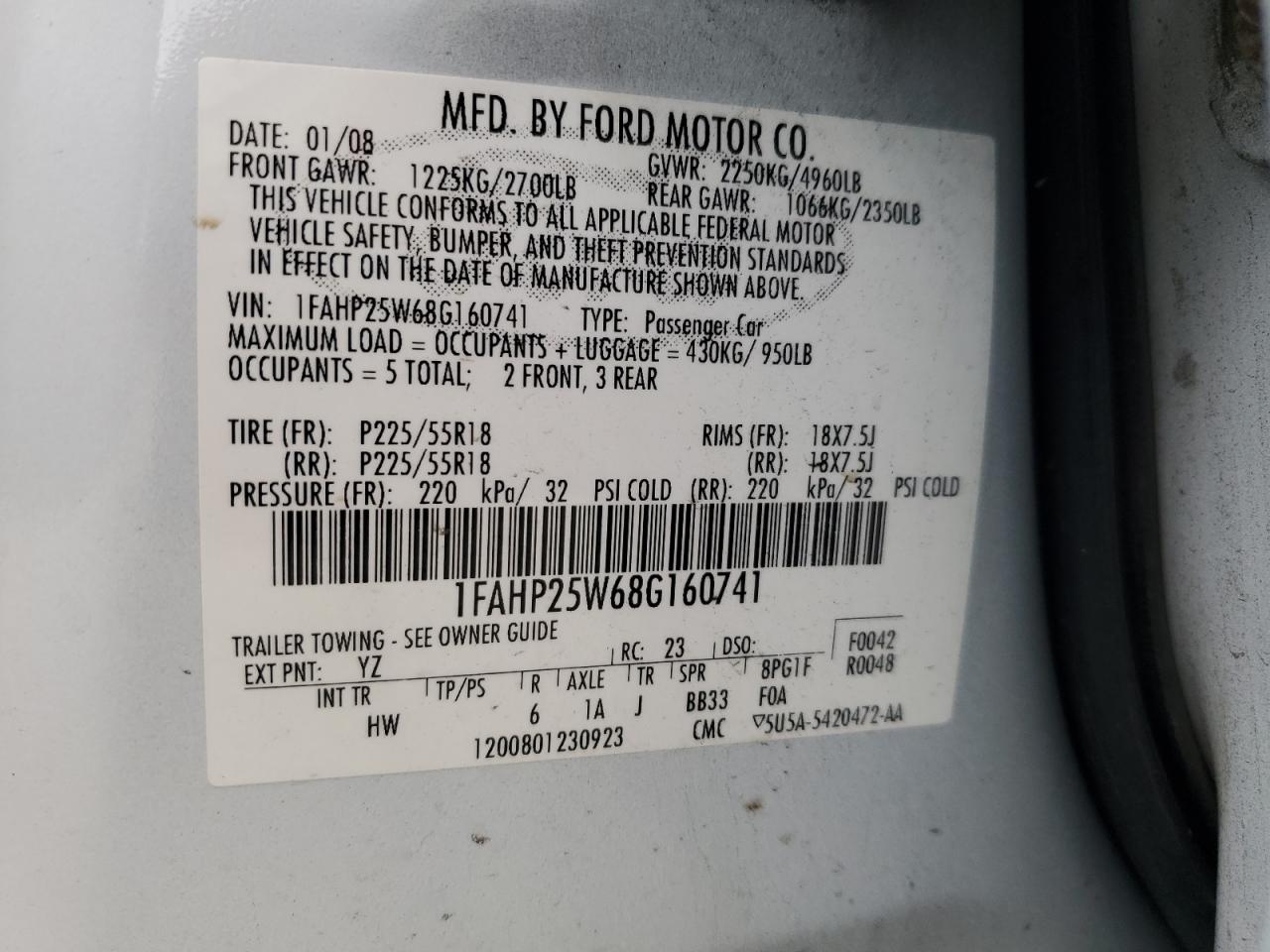 2008 Ford Taurus Limited VIN: 1FAHP25W68G160741 Lot: 50693785