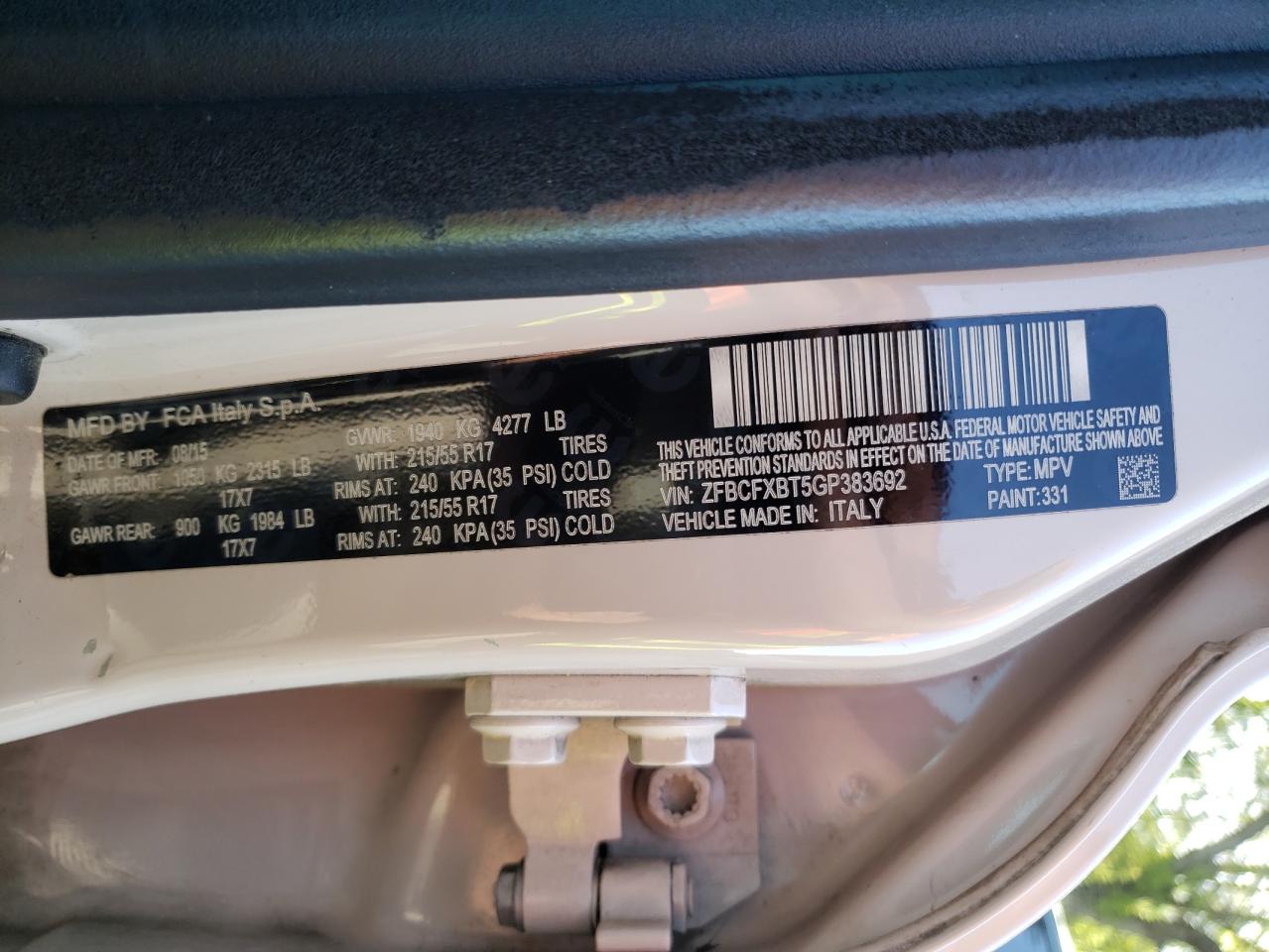 2016 Fiat 500X Easy VIN: ZFBCFXBT5GP383369 Lot: 53738965