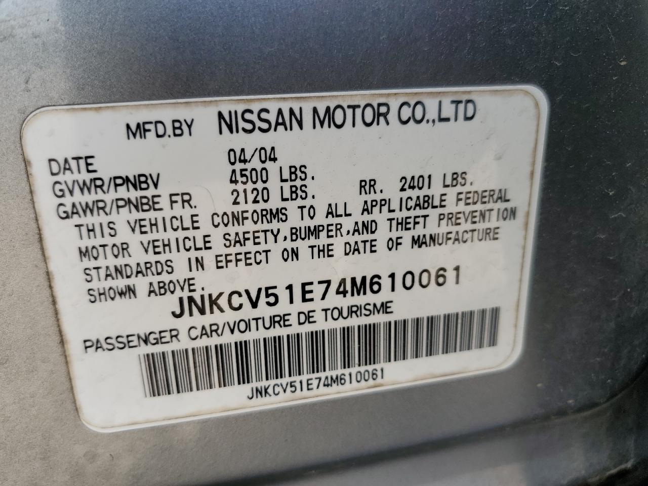 2004 Infiniti G35 VIN: JNKCV51E74M610061 Lot: 52625185