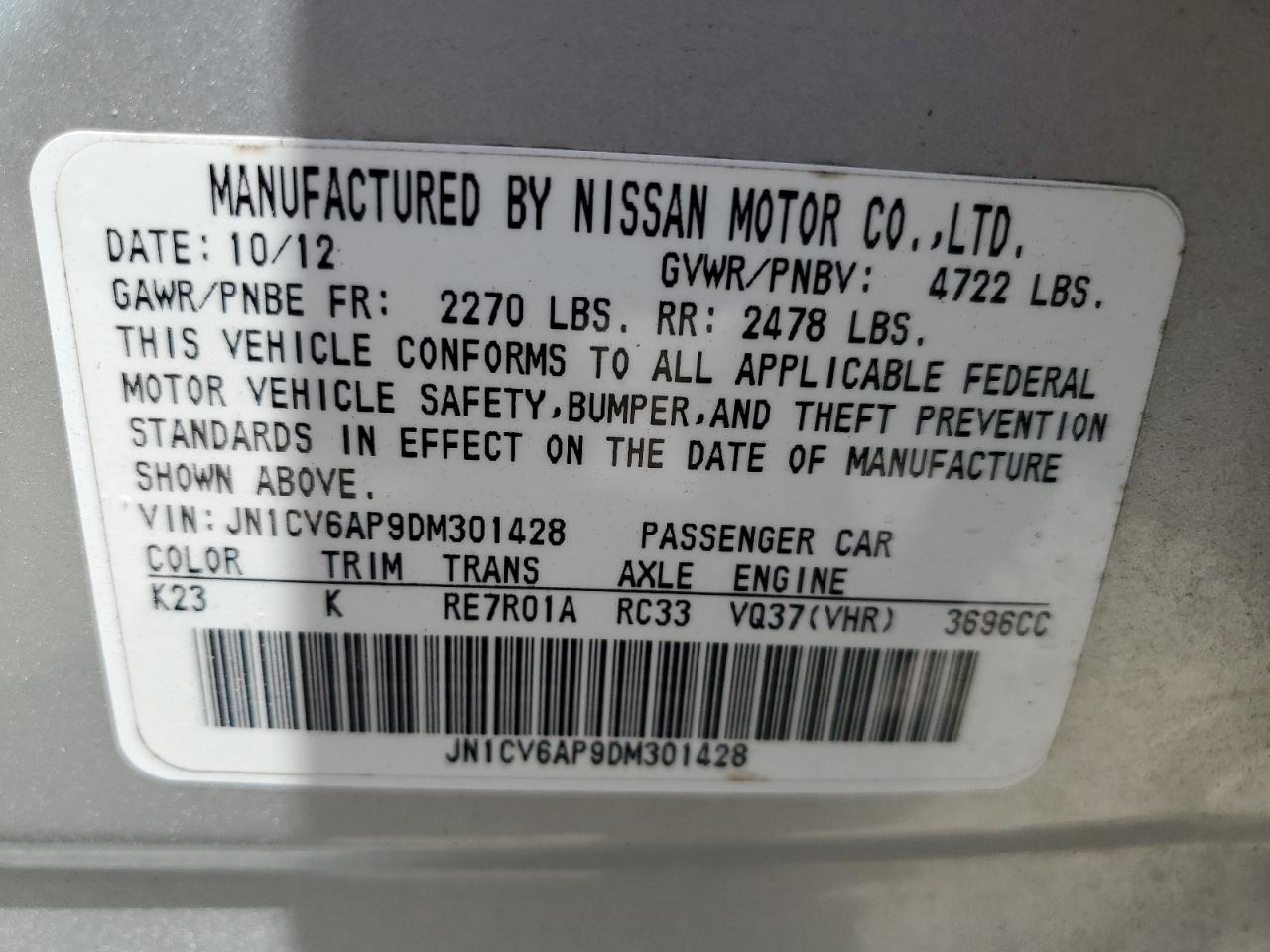 2013 Infiniti G37 Base VIN: JN1CV6AP9DM301428 Lot: 54908915