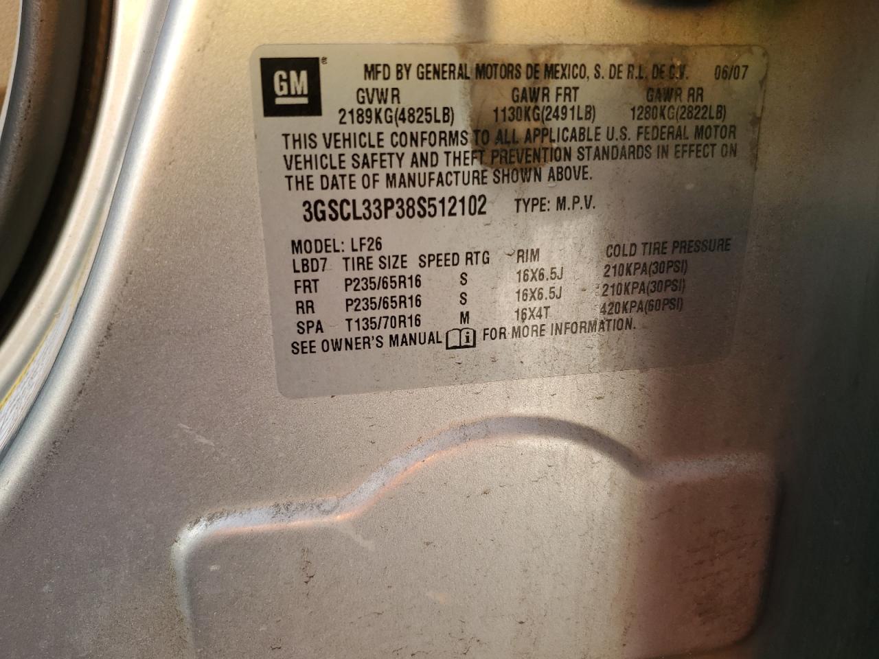 2008 Saturn Vue Xe VIN: 3GSCL33P38S512102 Lot: 51528515