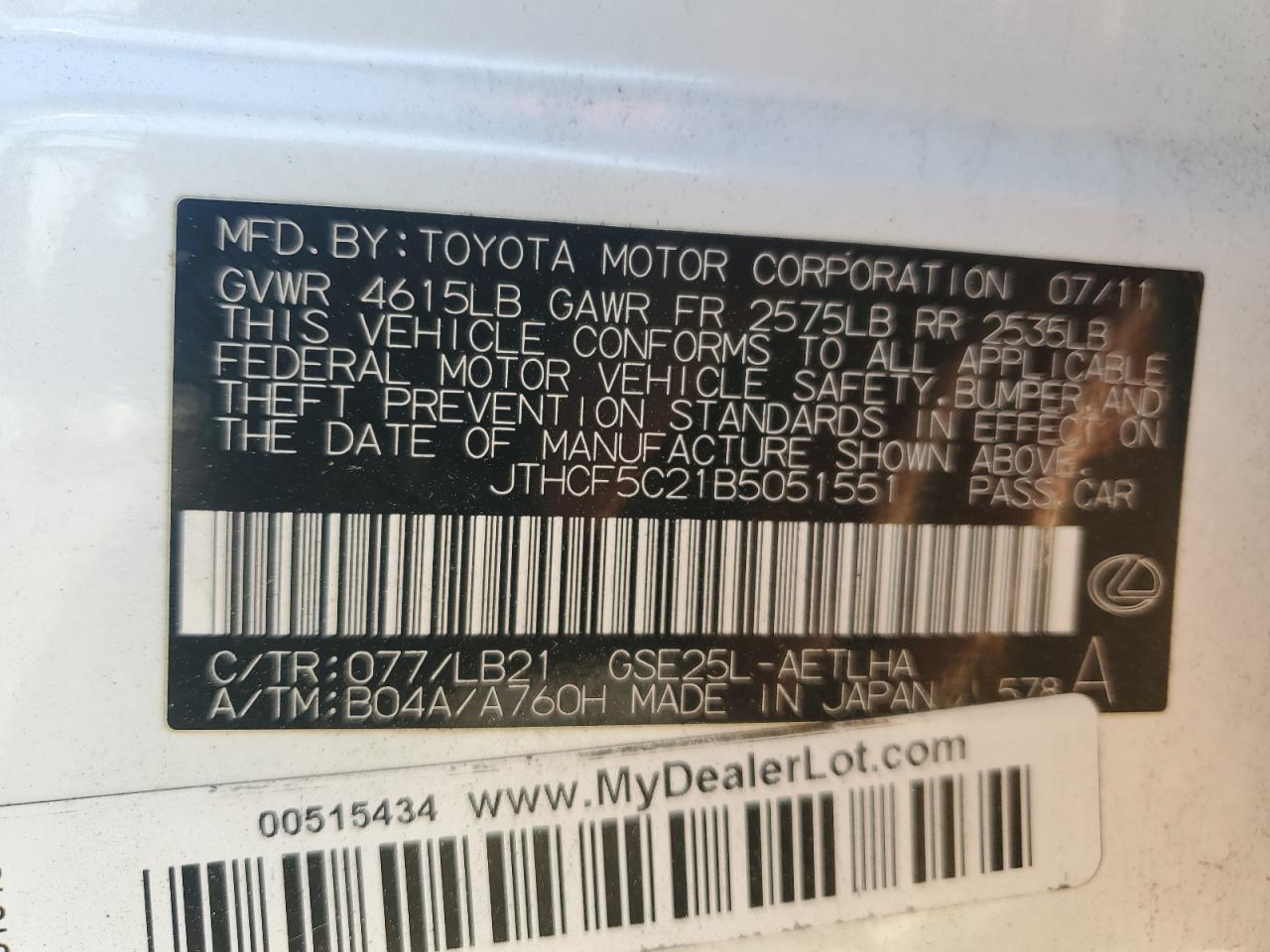 2011 Lexus Is 250 VIN: JTHCF5C21B5051551 Lot: 54372515