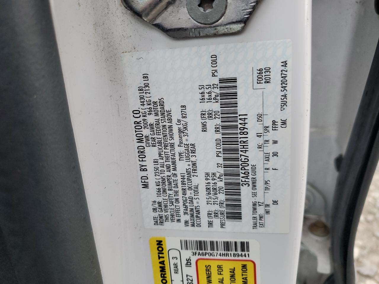 2017 Ford Fusion S VIN: 3FA6P0G74HR189441 Lot: 50981985