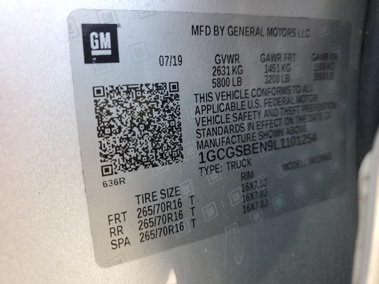 2020 Chevrolet Colorado VIN: 1GCGSBEN9L1101254 Lot: 52234485