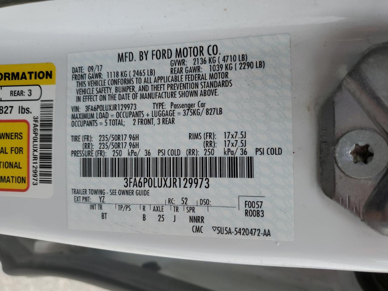 2018 Ford Fusion Se Hybrid VIN: 3FA6P0LUXJR129973 Lot: 54036355