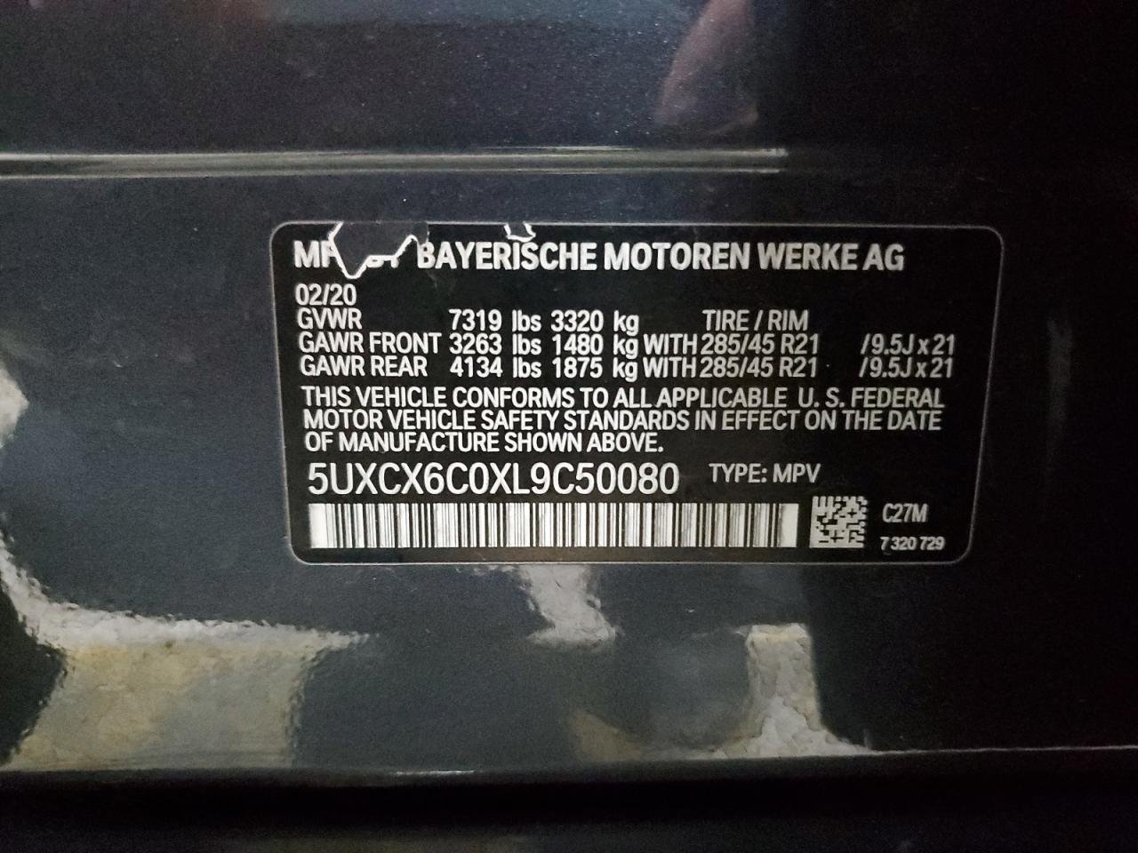 2020 BMW X7 M50I VIN: 5UXCX6C0XL9C50080 Lot: 54110785