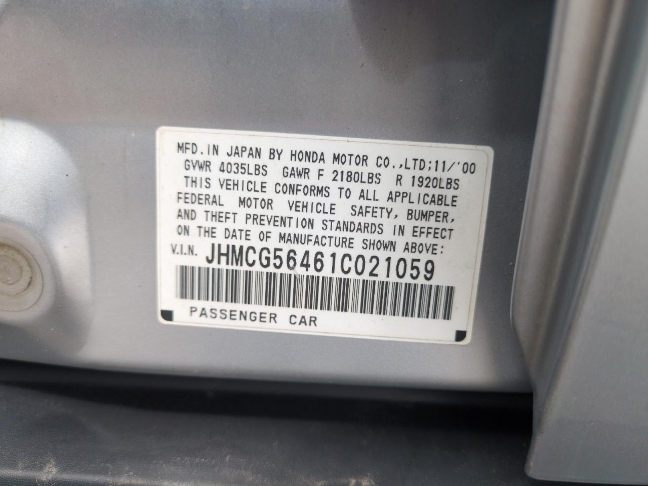 2001 Honda Accord Lx VIN: JHMCG56461C021059 Lot: 53369485