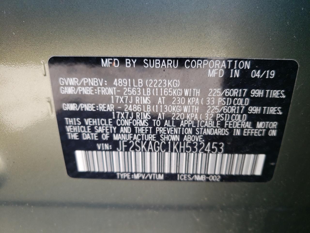 2019 Subaru Forester Premium VIN: JF2SKAGC1KH532453 Lot: 53429915