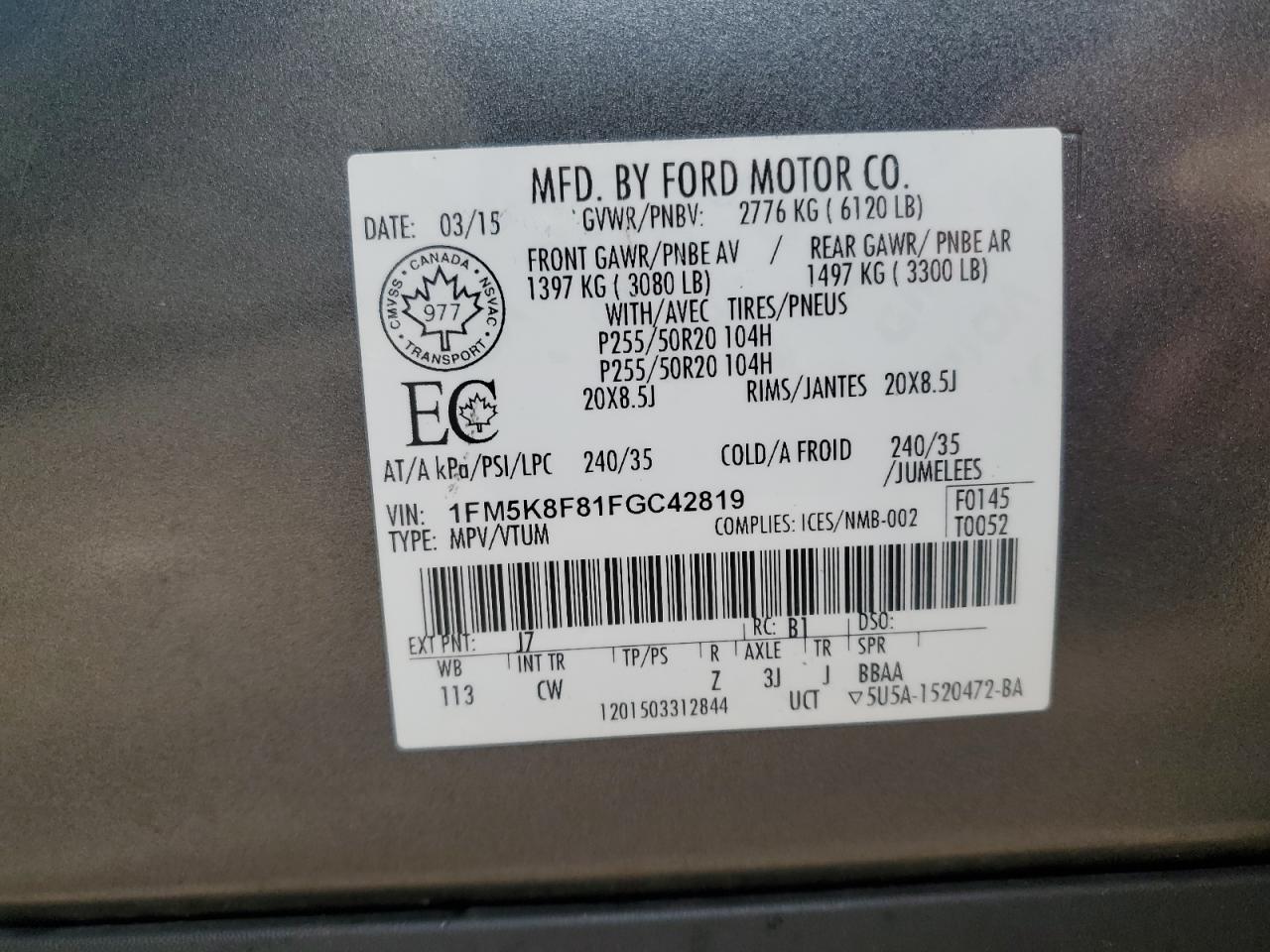 2015 Ford Explorer Limited VIN: 1FM5K8F81FGC42819 Lot: 54198655