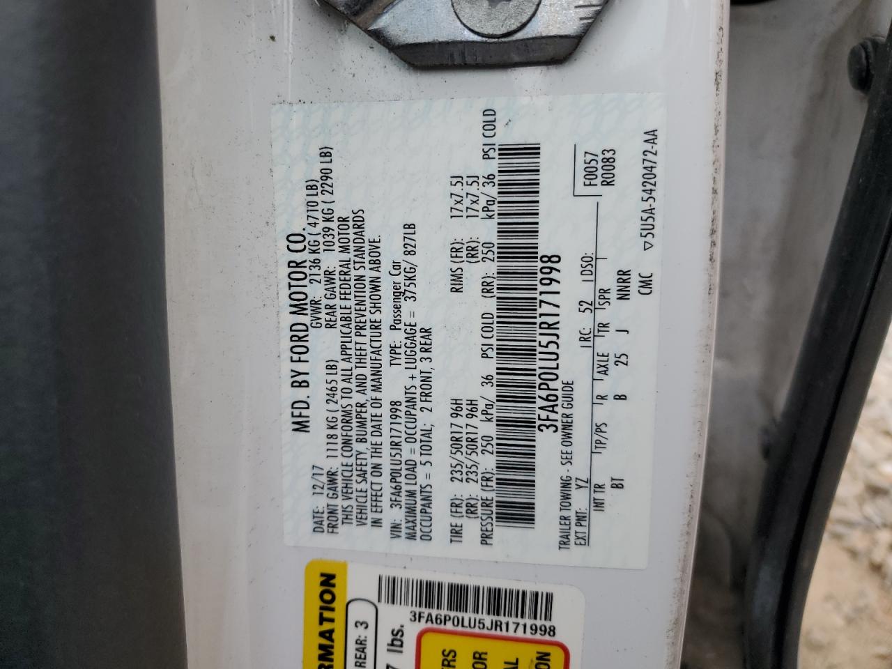 2018 Ford Fusion Se Hybrid VIN: 3FA6P0LU5JR171998 Lot: 54030715