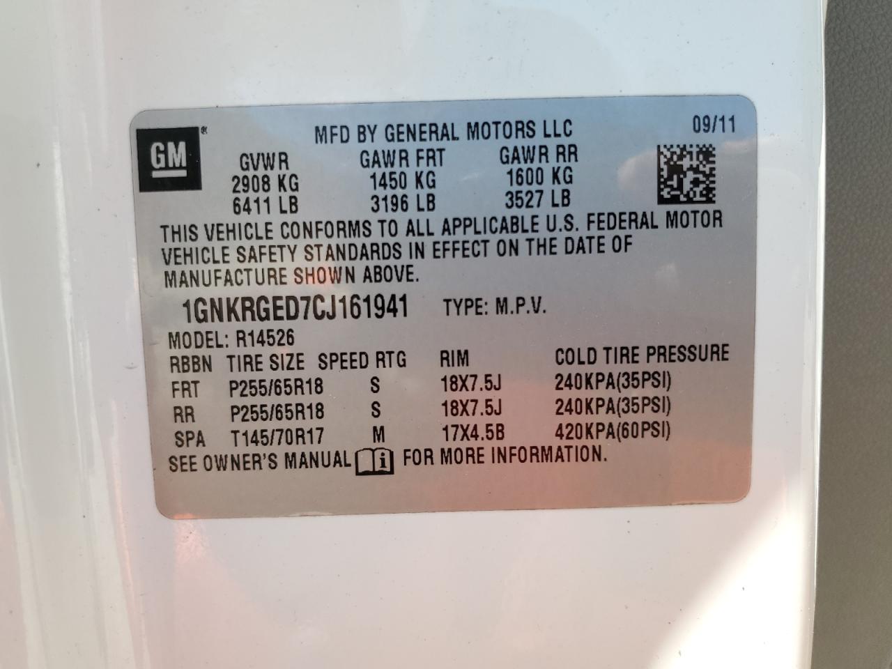 2012 Chevrolet Traverse Lt VIN: 1GNKRGED7CJ161941 Lot: 51916915
