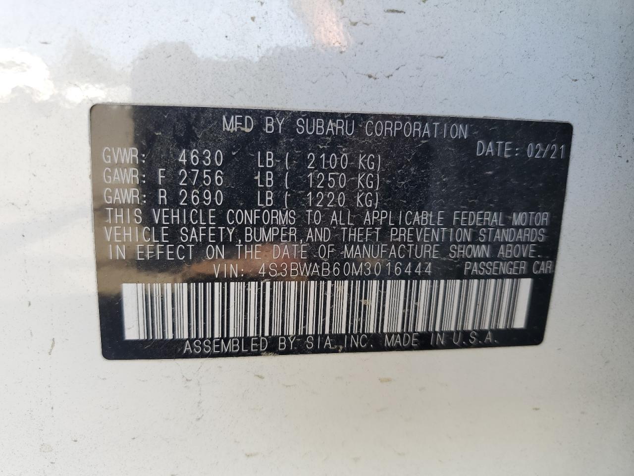 2021 Subaru Legacy VIN: 4S3BWAB60M3016444 Lot: 54956435