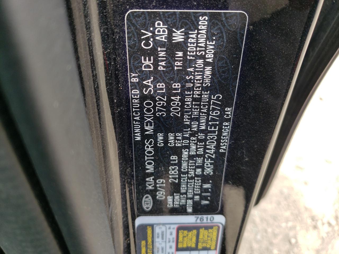 2020 Kia Forte Fe VIN: 3KPF24AD3LE176775 Lot: 55121885