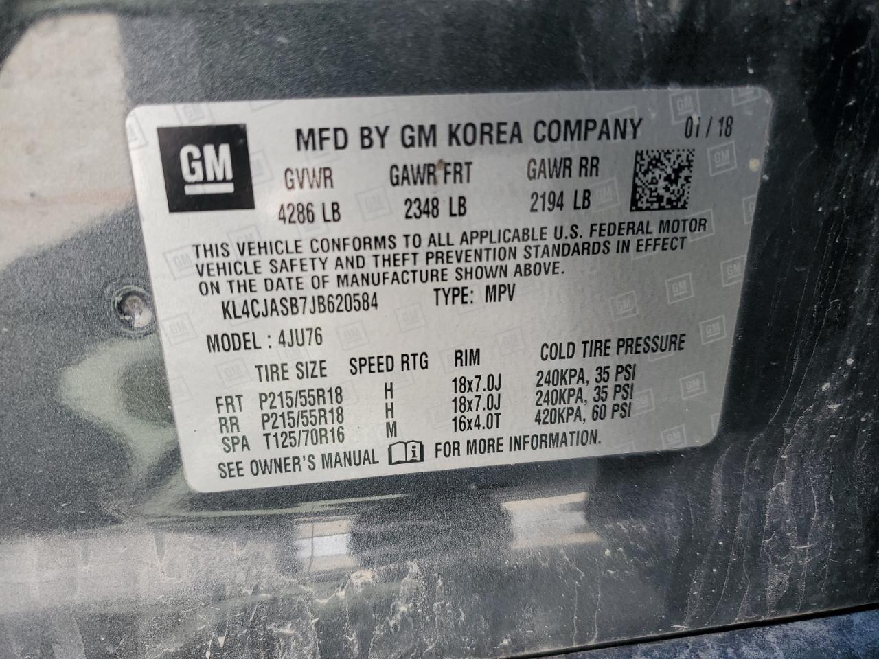 2018 Buick Encore Preferred VIN: KL4CJASB7JB620584 Lot: 54749805