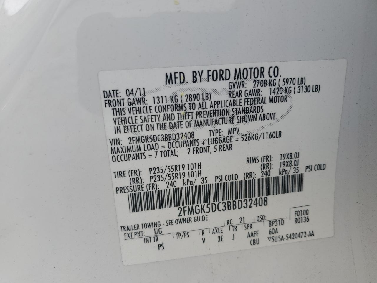 2011 Ford Flex Limited VIN: 2FMGK5DC3BBD32408 Lot: 51183205