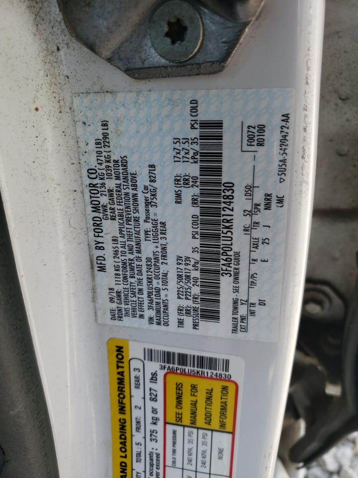 2019 Ford Fusion Se VIN: 3FA6P0LU5KR124830 Lot: 54150155