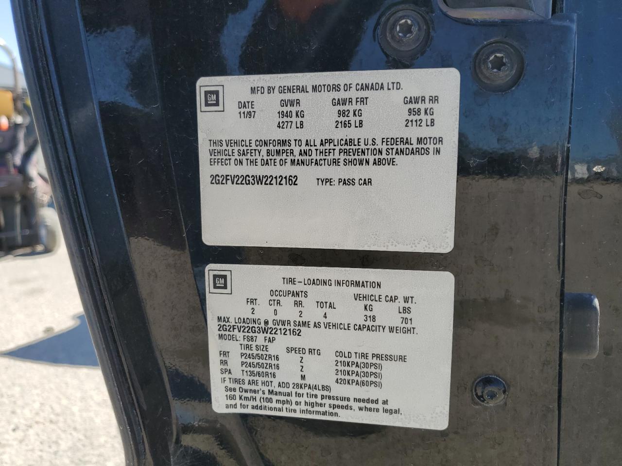 1998 Pontiac Firebird Formula VIN: 2G2FV22G3W2212162 Lot: 52965125