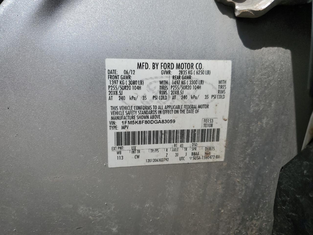 2013 Ford Explorer Limited VIN: 1FM5K8F80DGA83059 Lot: 53237015