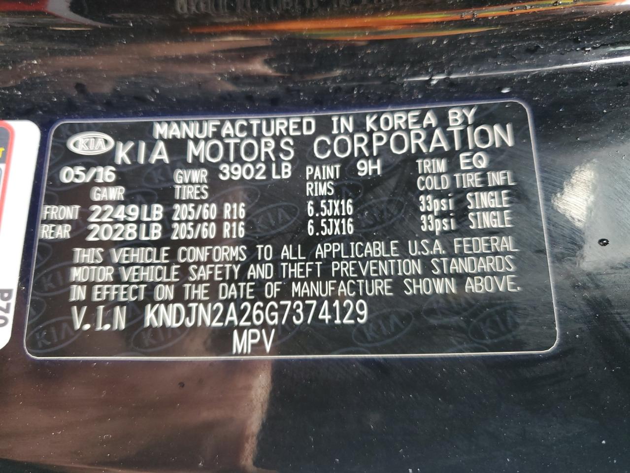 2016 Kia Soul VIN: KNDJN2A26G7374129 Lot: 54566925