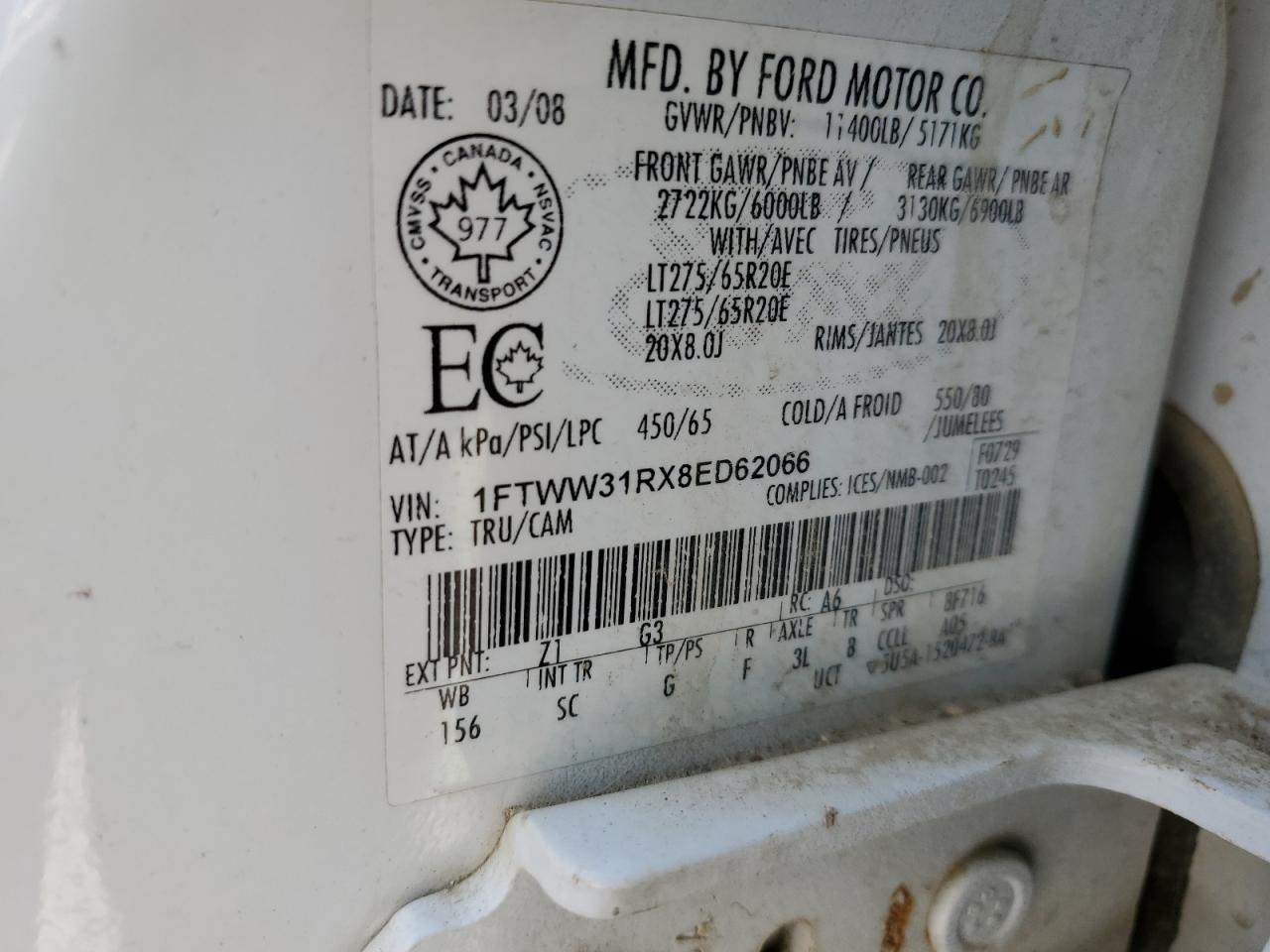 2008 Ford F350 Srw Super Duty VIN: 1FTWW31RX8ED62066 Lot: 52719915