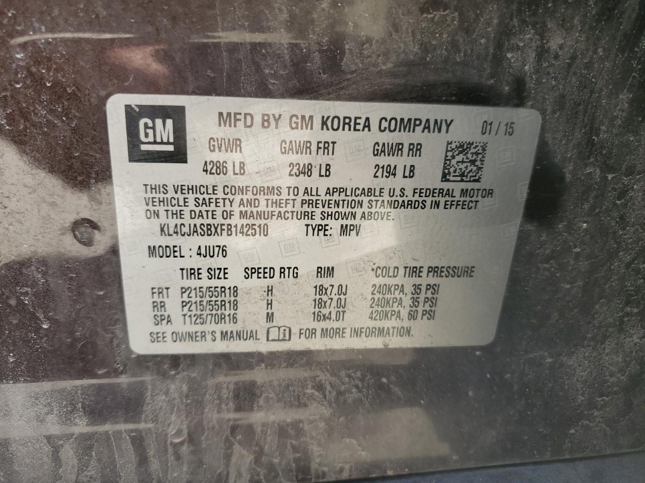 2015 Buick Encore VIN: KL4CJASBXFB142510 Lot: 53366285