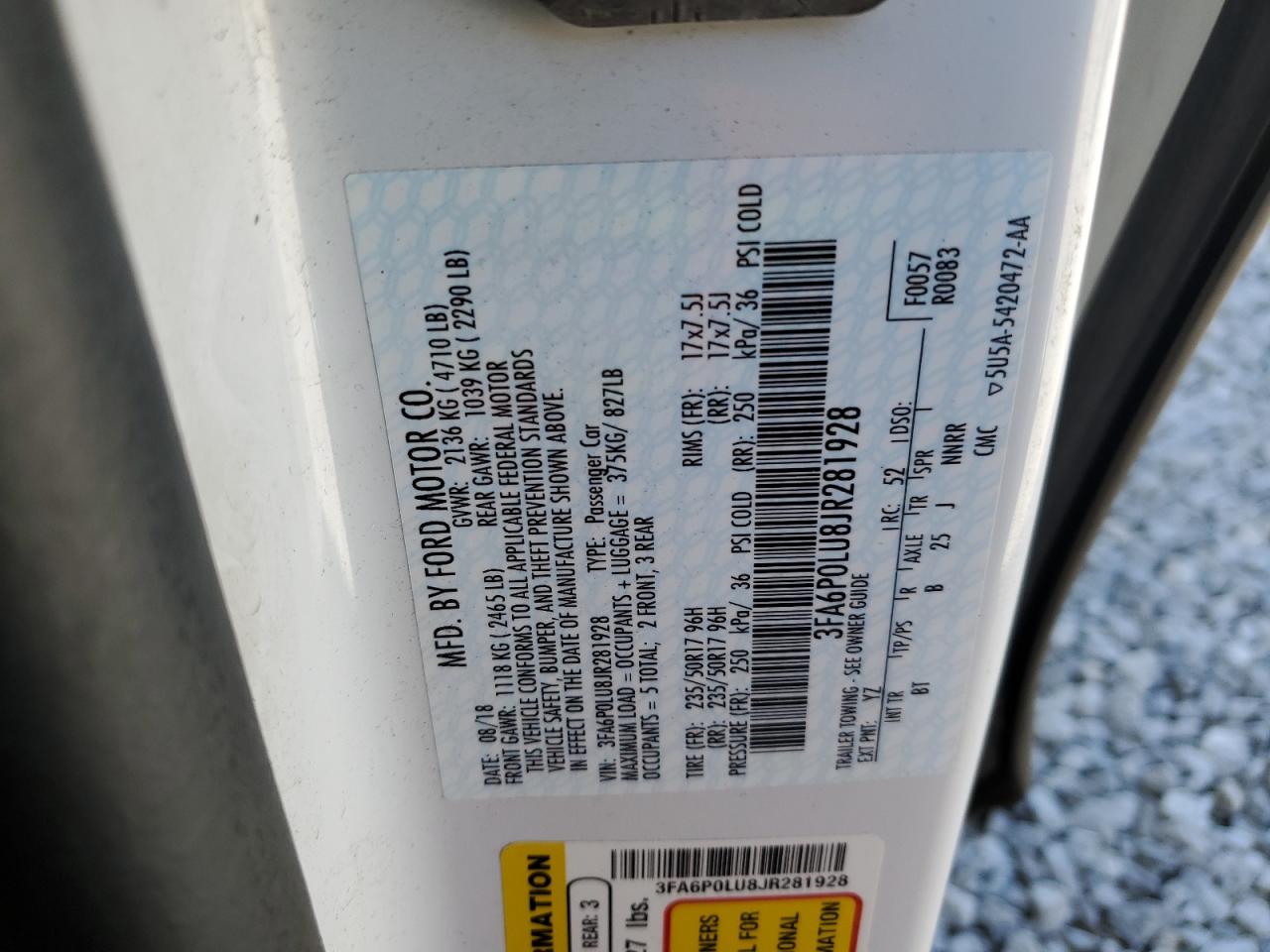 2018 Ford Fusion Se Hybrid VIN: 3FA6P0LU8JR281928 Lot: 54028425