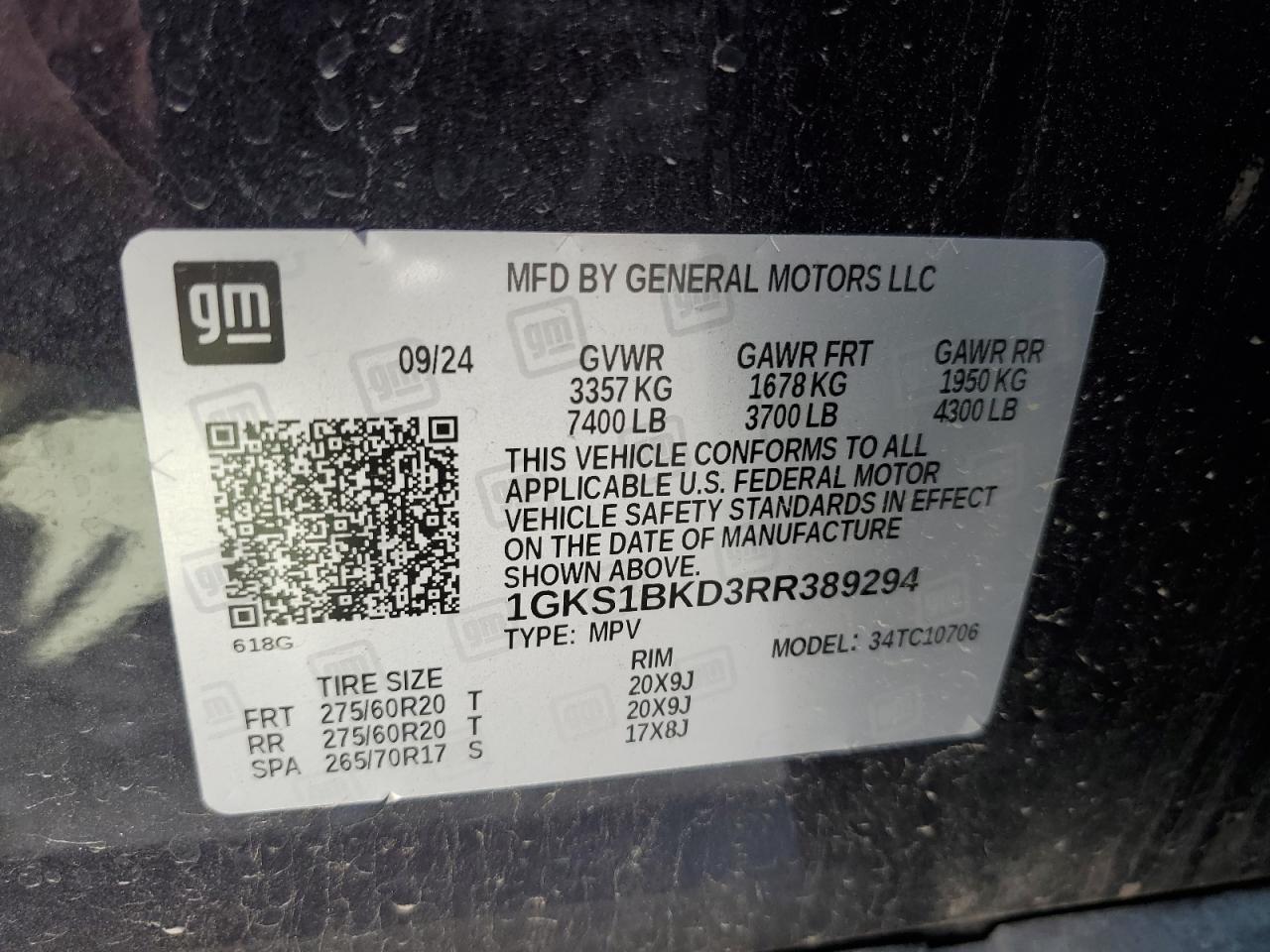 2024 GMC Yukon Slt VIN: 1GKS1BKD3RR389294 Lot: 52738895