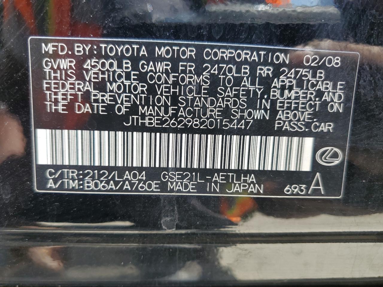 2008 Lexus Is 350 VIN: JTHBE262982015447 Lot: 54685365