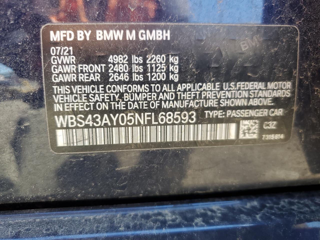 2022 BMW M3 Competition VIN: WBS43AY05NFL68593 Lot: 53489645